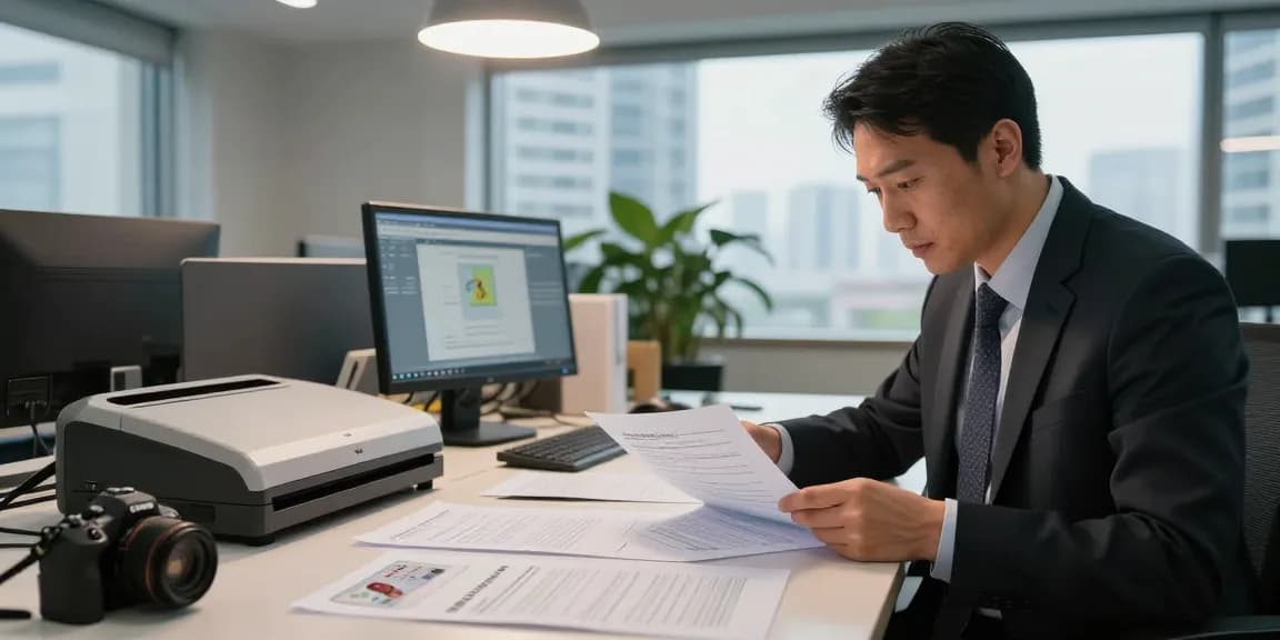 Compliance officer focused on document fraud detection in a modern office.