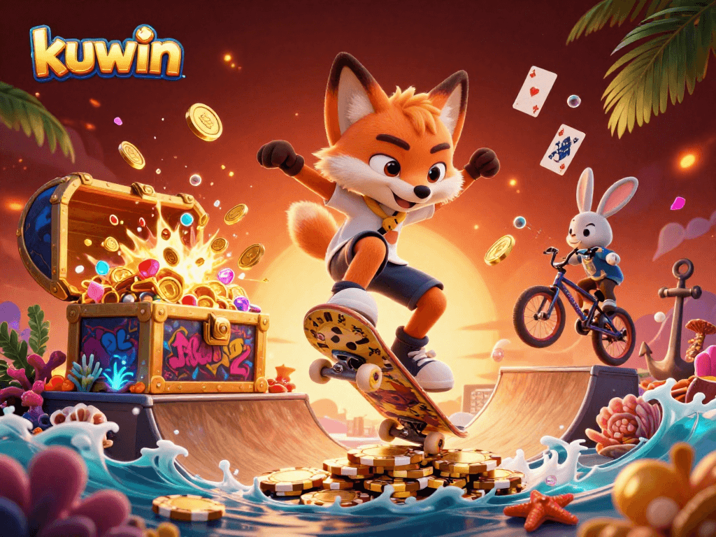 Experience thrilling gameplay with kuwin as cartoon characters kickflip over poker chips amidst vibrant casino elements.