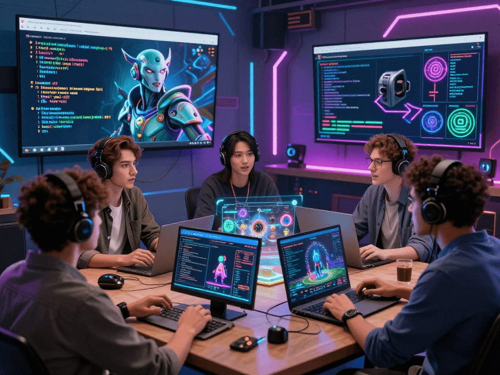 Engaging ai roleplay scene with avatars discussing AI applications in a vibrant digital environment.