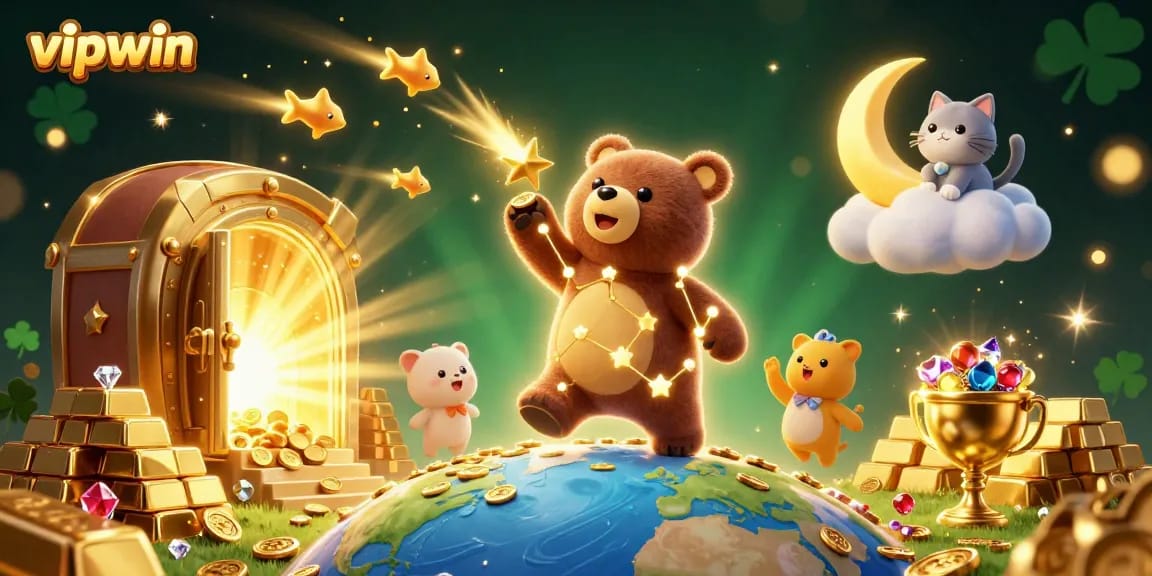 Win big with vipwin in this vibrant 3D casino scene filled with treasures and entertainment.