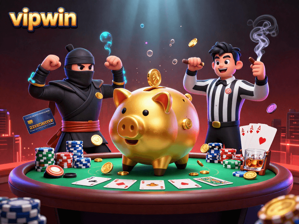 Experience thrilling moments with vipwin as the piggy bank sumo wrestler drops golden coins amid a vibrant casino scene.
