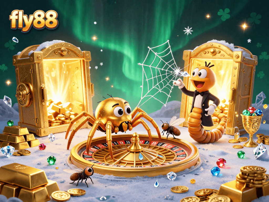 Experience the thrill at fly88 as a fly nervously places bets beside a golden spider spinning a roulette web, with treasures scattered around.