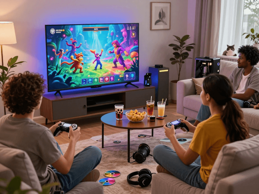 Enthusiastic gamers immersed in transformation porn games on a cozy sofa, vibrant graphics on screen.