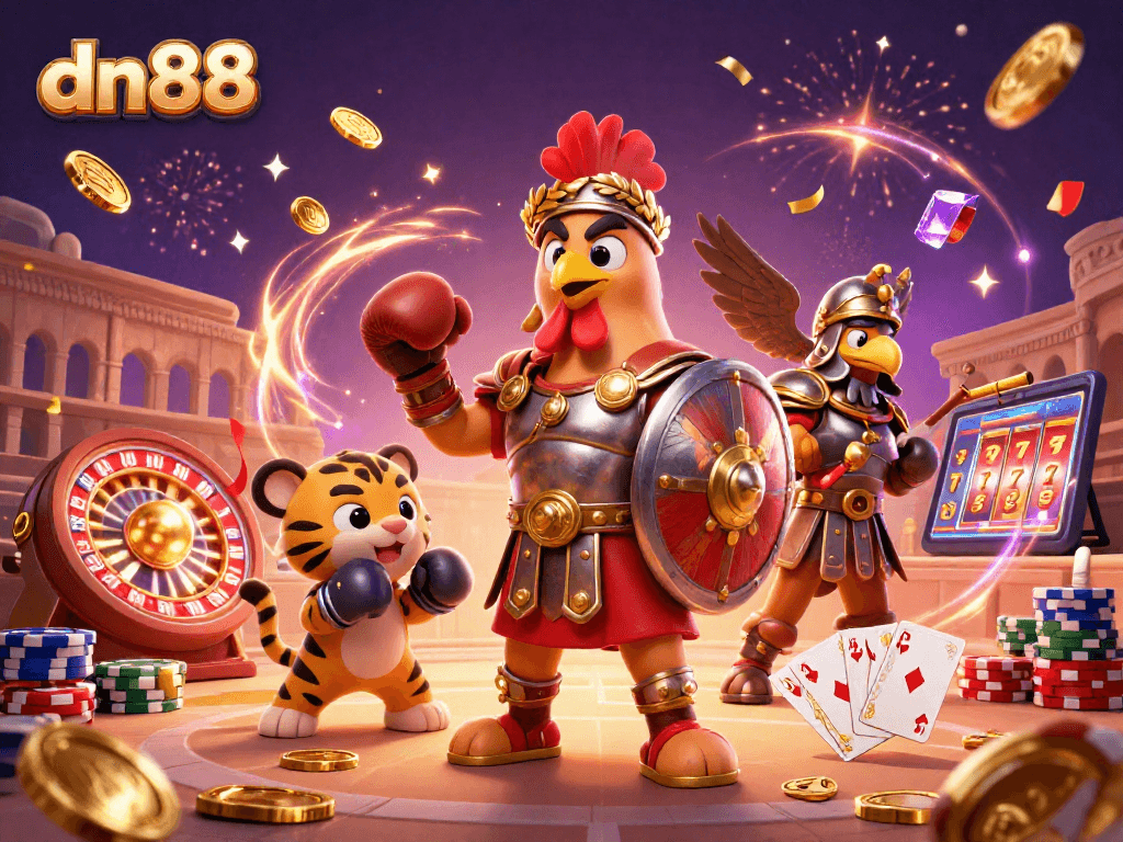 Win big at dn88 with dynamic games and vibrant 3D visual elements showcasing a rooster champion!