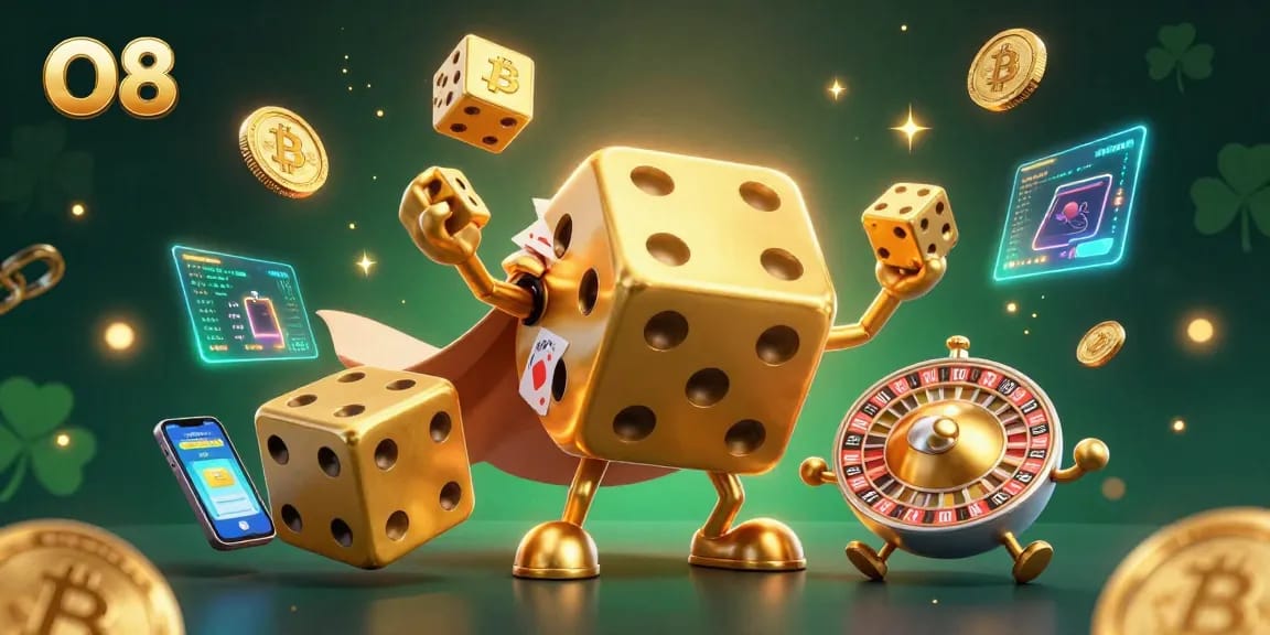 Join the action at O8 with golden dice juggling and crypto coins sparkling!