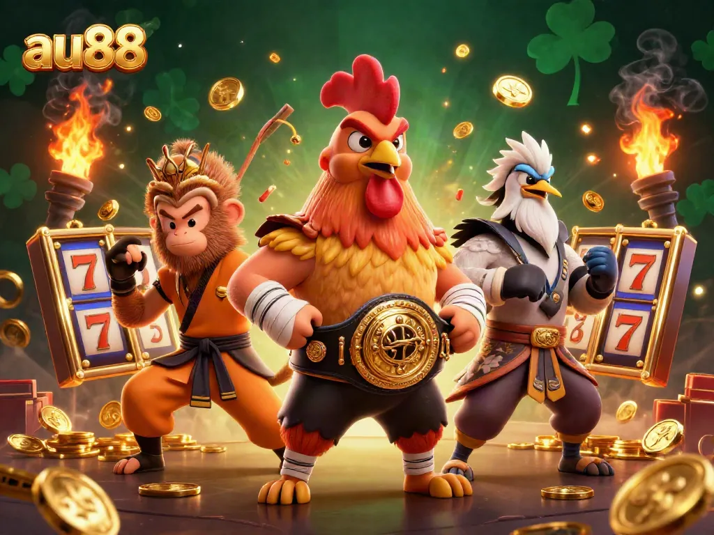 Experience the thrill of gaming at au88 with vibrant characters and dynamic casino elements in a rich 3D illustration.