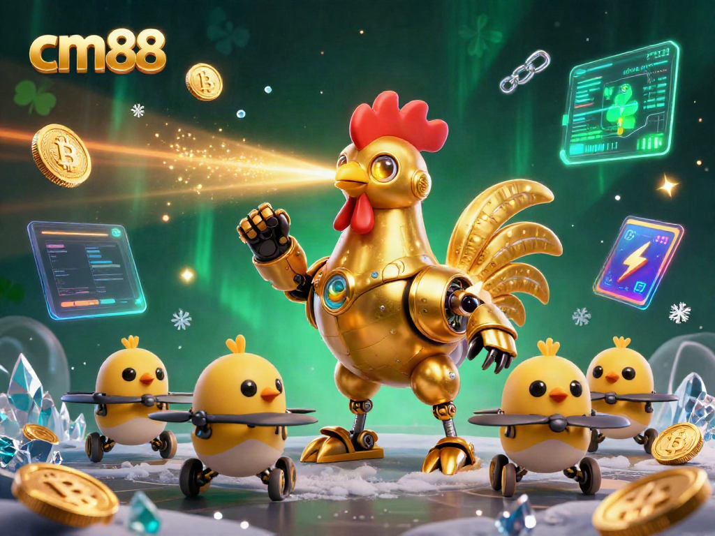 Experience the excitement of cm88, where a futuristic rooster robot and drones celebrate casino wins amidst glowing crypto elements.