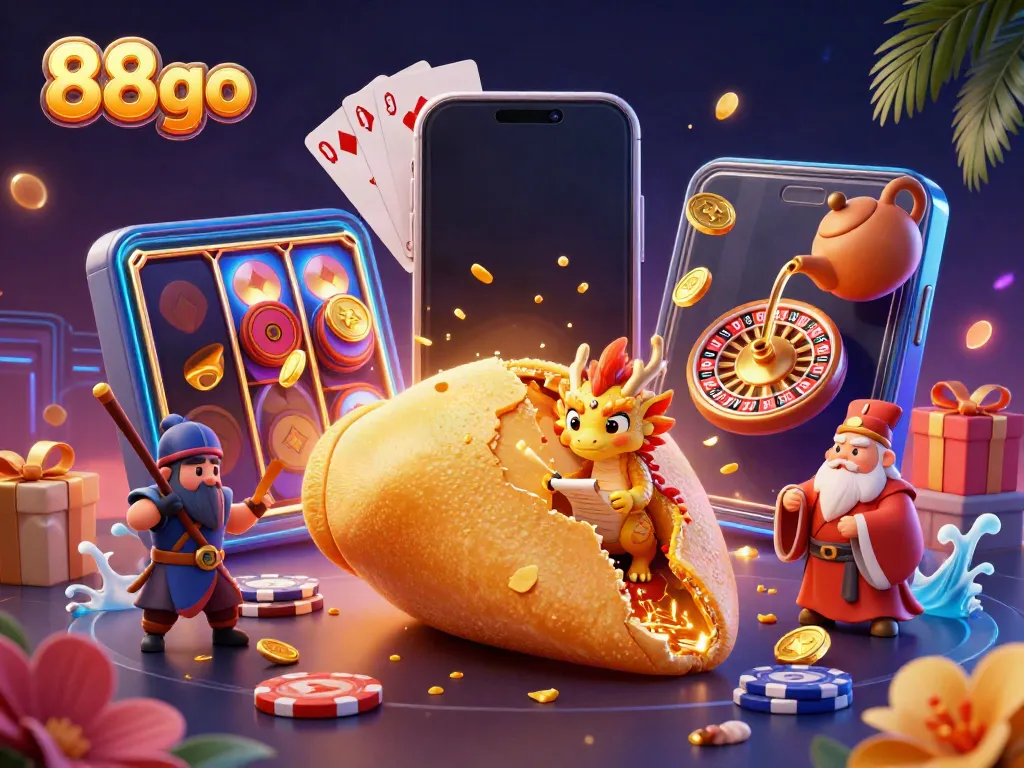 Experience winning luck with 88go’s vibrant casino scene featuring fortune cookies and games.