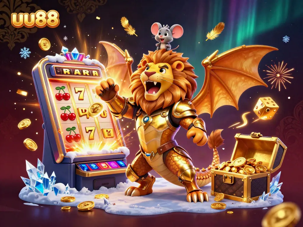 uu88 slots scene depicting a roaring chimera with a mouse jockey, overflowing gold, and jackpot elements
