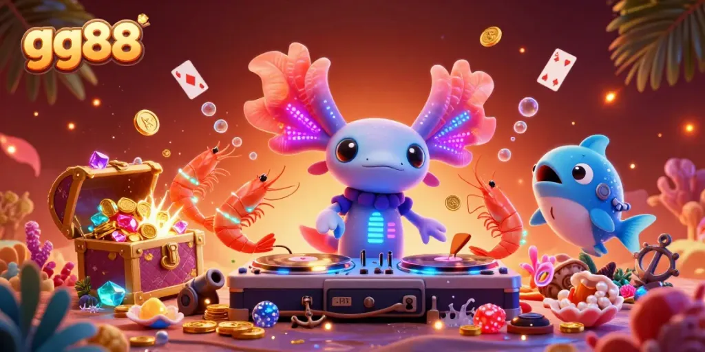 Experience the vibrant underwater casino scene at gg88, featuring a neon axolotl DJ and sparkling treasures.
