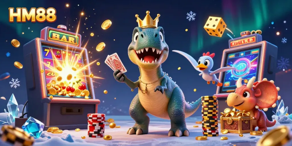 Experience exciting gameplay at HM88 with a friendly T-Rex, pterodactyl, and triceratops surrounded by casino-themed elements.