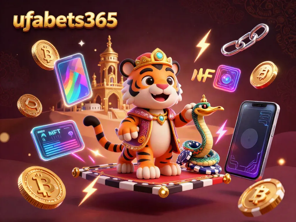 Engage with ufabets365's vibrant 3D illustration showcasing casino elements and a tiger sultan on a flying carpet.