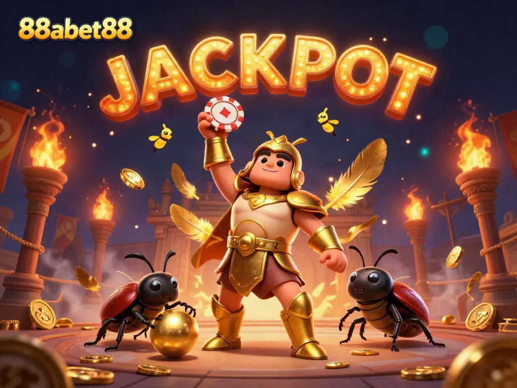 Join the excitement with 88abet88 as golden elements and a hercules beetle celebrate a jackpot victory!