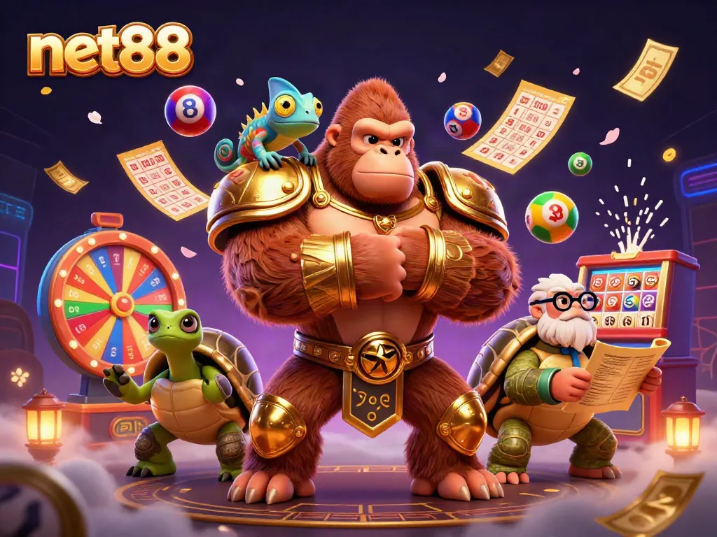 Experience net88 action with vibrant lottery balls and dynamic casino characters in this thrilling illustration.