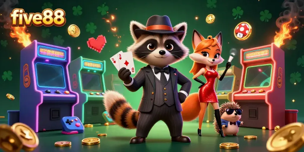 Experience exciting gameplay at five88 with a suave raccoon, a dazzling fox, and a hedgehog bouncer in a dynamic casino scene.