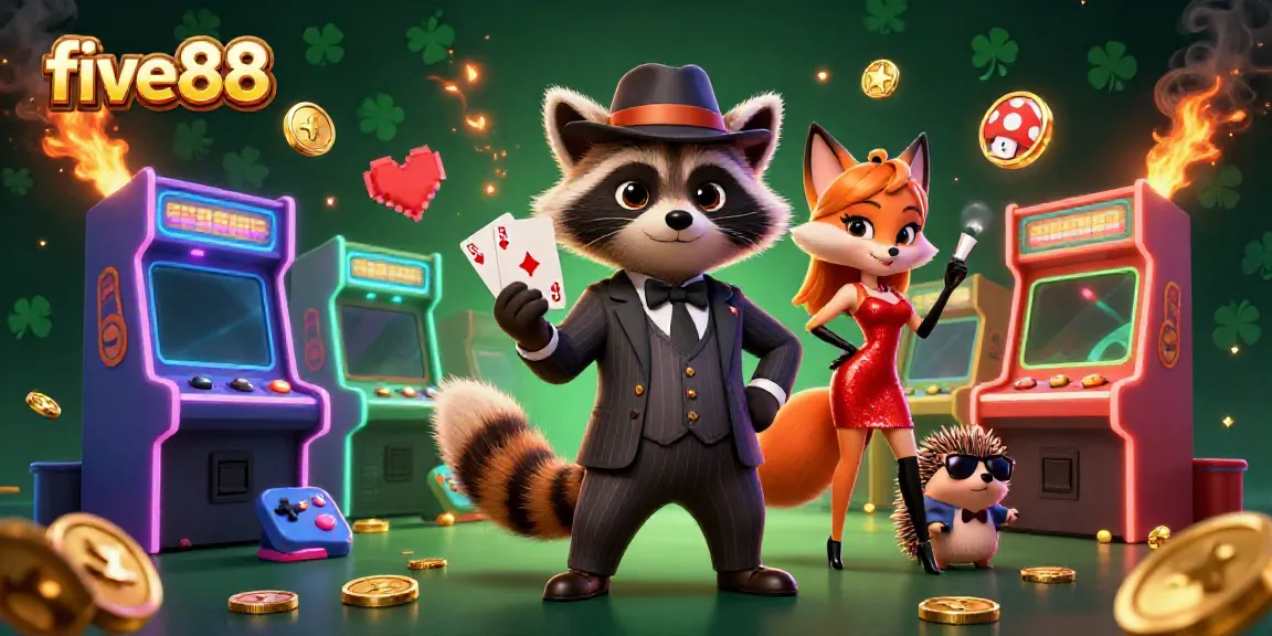 Experience exciting gameplay at five88 with a suave raccoon, a dazzling fox, and a hedgehog bouncer in a dynamic casino scene.