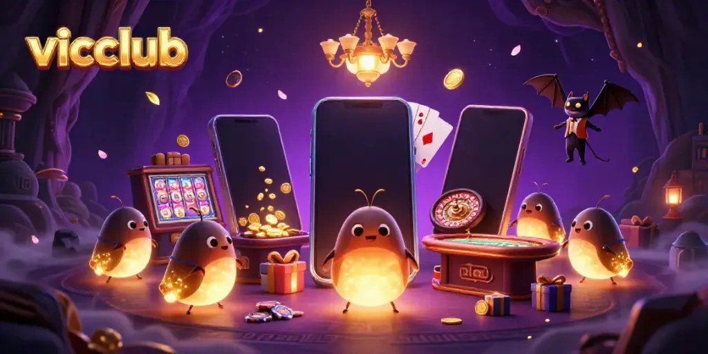 Experience the excitement of vicclub with glowing characters lighting up a vibrant cave casino scene.