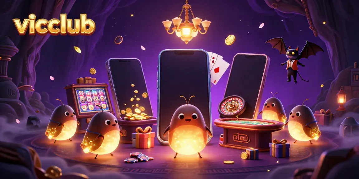 Experience the excitement of vicclub with glowing characters lighting up a vibrant cave casino scene.