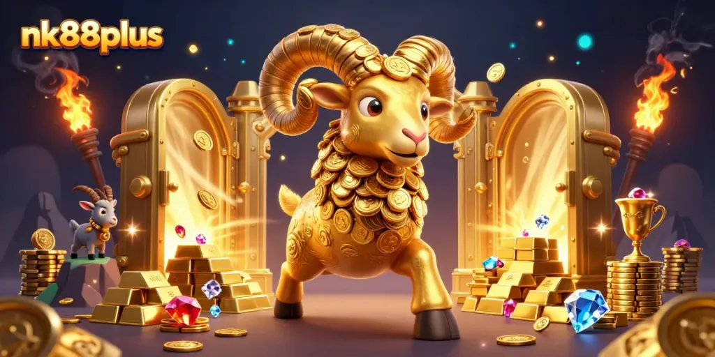 Experience thrilling wins at nk88plus, featuring a golden ram charging with riches in a vibrant casino scene.
