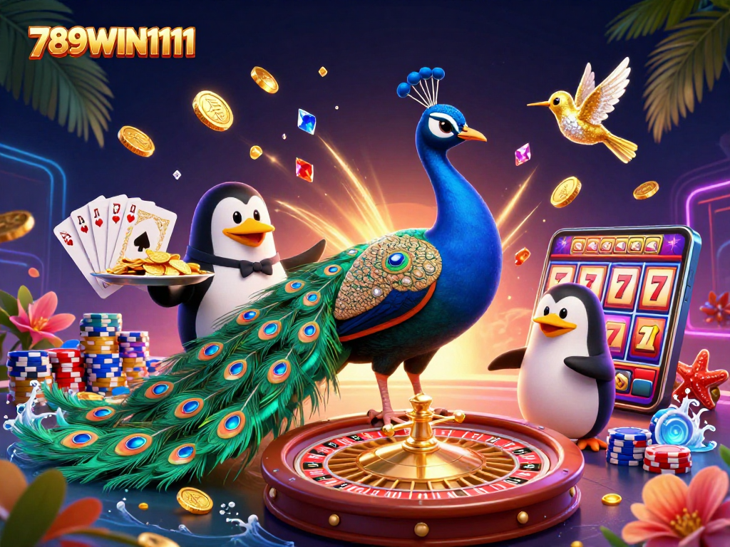 Engage in the thrilling world of 789WIN1111 with peacock and penguin in a vibrant casino setting.