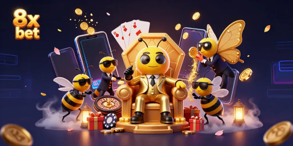 Experience thrilling slots and casino action with 8x bet in a vibrant 3D scene packed with excitement.