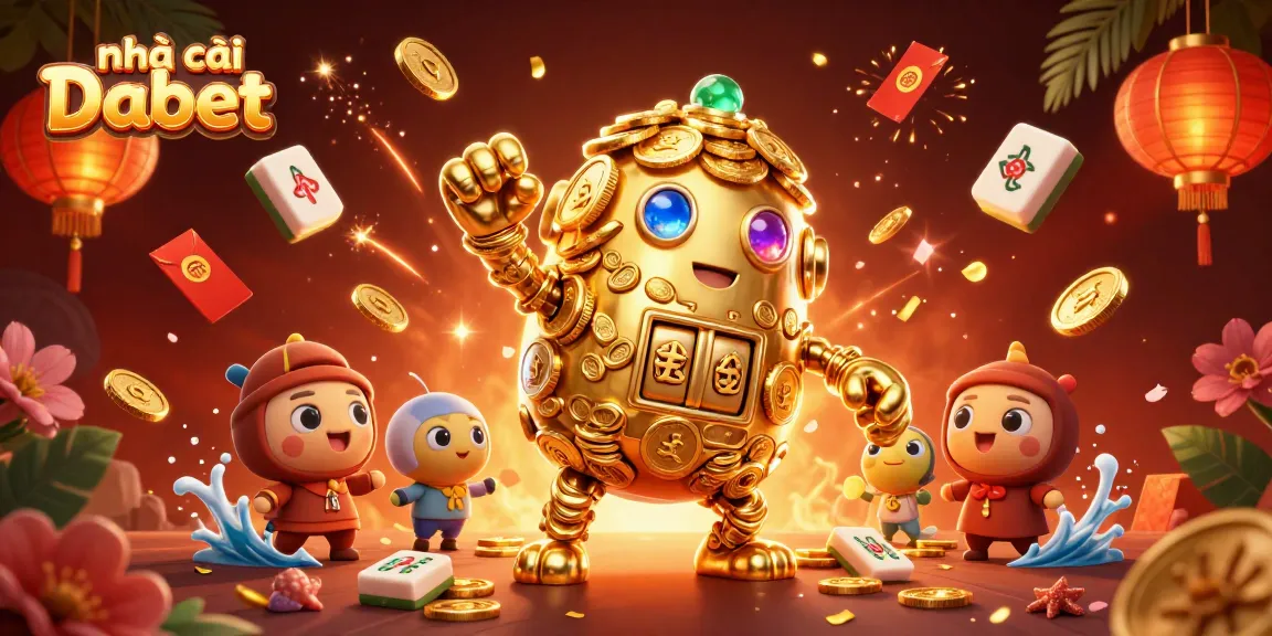 Engage with nhà cái Dabet's thrilling casino atmosphere featuring dynamic golden golem and festive elements.