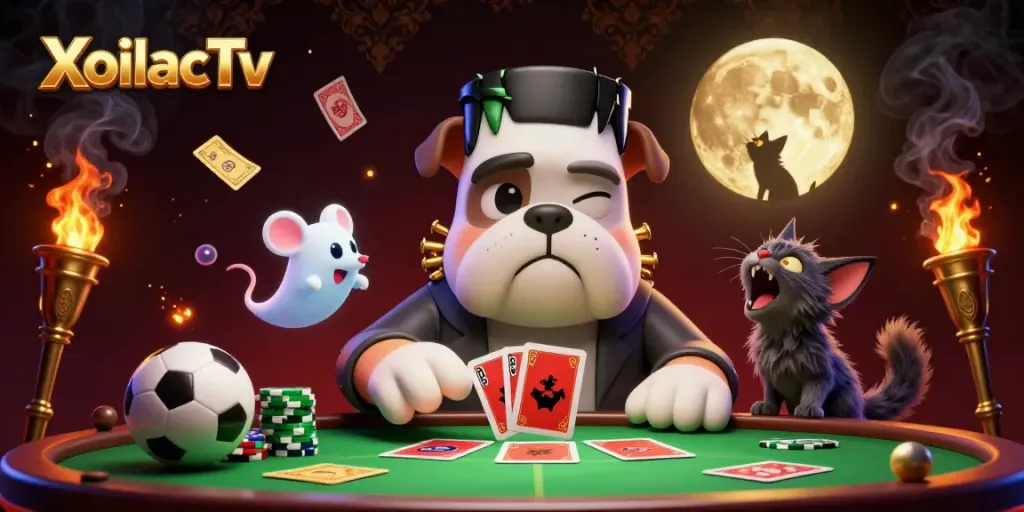 Engage with XoilacTv in an exciting sports betting scene featuring a cartoon bulldog dealer at a green-lit table.