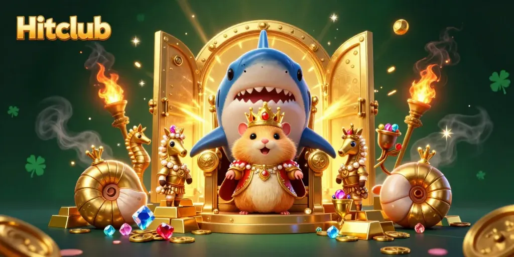 Hitclub features a golden hamster king commanding treasures in a vibrant online casino scene.