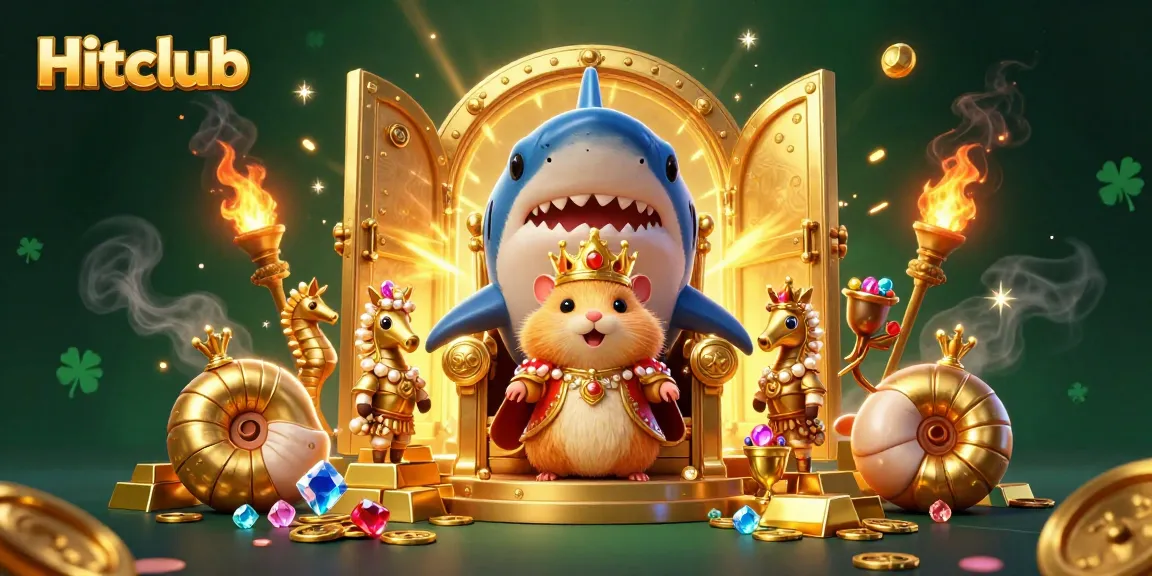 Hitclub features a golden hamster king commanding treasures in a vibrant online casino scene.