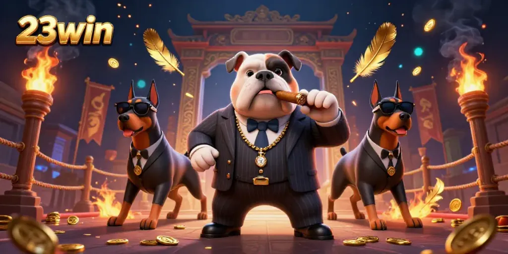 Experience excitement with 23win as the mafia boss leads thrilling betting in a vibrant casino scene.