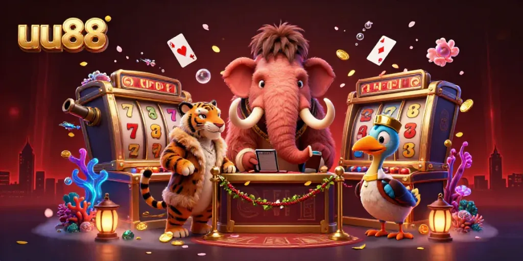 uu88 showcases vibrant 3D casino illustration featuring a mammoth bouncer, saber-tooth tiger, and dodo bird, surrounded by dynamic game elements.