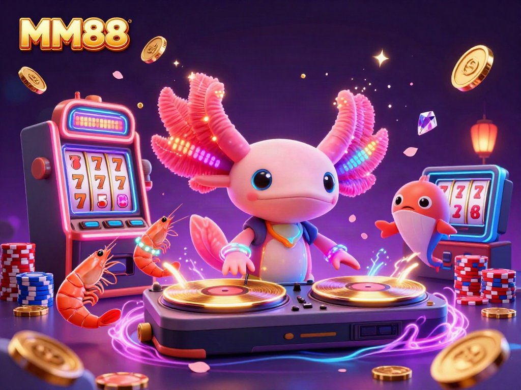 Engage in the vibrant MM88 gaming world with axolotl DJ and dynamic slot action.