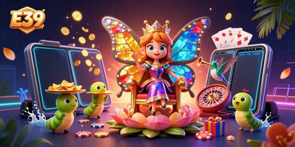 Spin the reels at E39, featuring a butterfly queen surrounded by vibrant gaming elements.