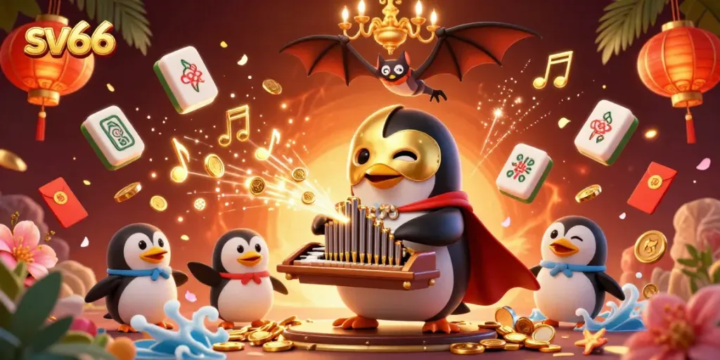 Experience the thrill of sv66 as the cartoon phantom penguin plays for winning coins with vibrant casino elements.