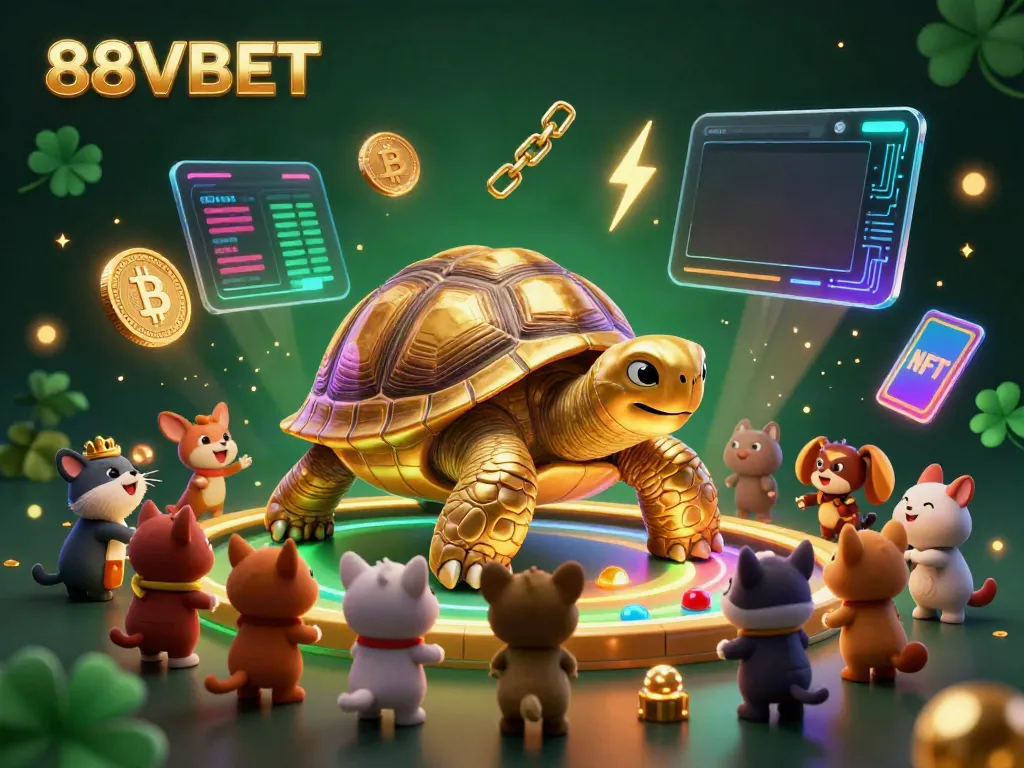 Engage with the 88VBET gaming experience featuring a vibrant tortoise pinball machine and crypto elements.