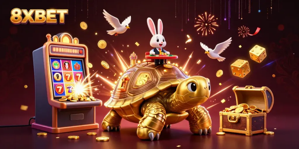 Win big at 8XBET with a vibrant illustration of a golden tortoise casino and its exciting games.