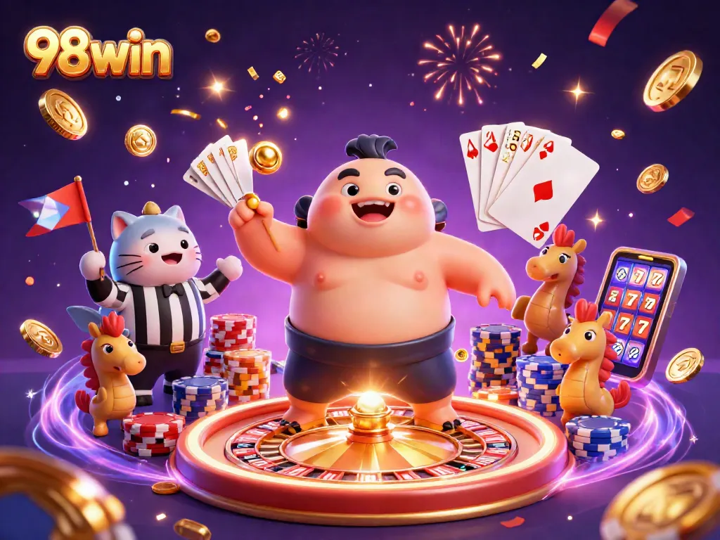 Win with 98win as a blowfish competes in an underwater casino, showcasing vibrant gambling elements.