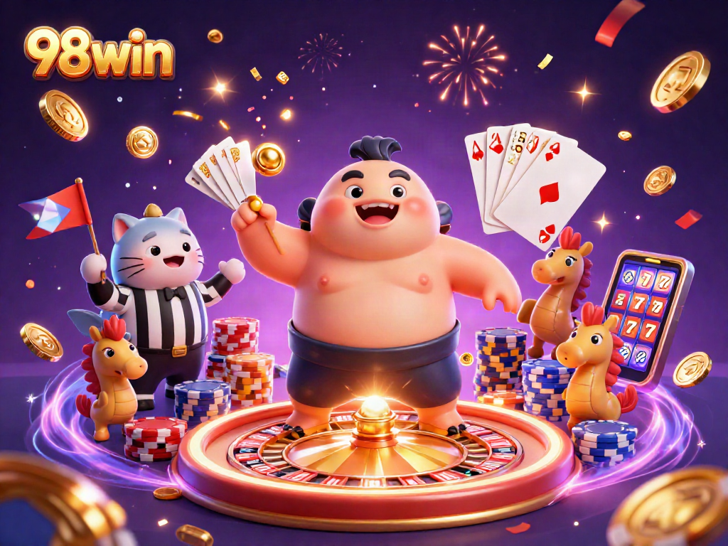 Win with 98win as a blowfish competes in an underwater casino, showcasing vibrant gambling elements.
