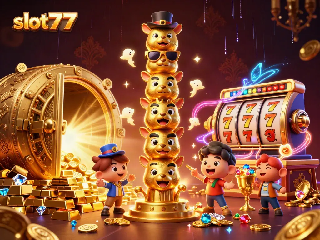 Spin to win at slot777 with a vibrant casino scene featuring golden treasures and animated slot reels.