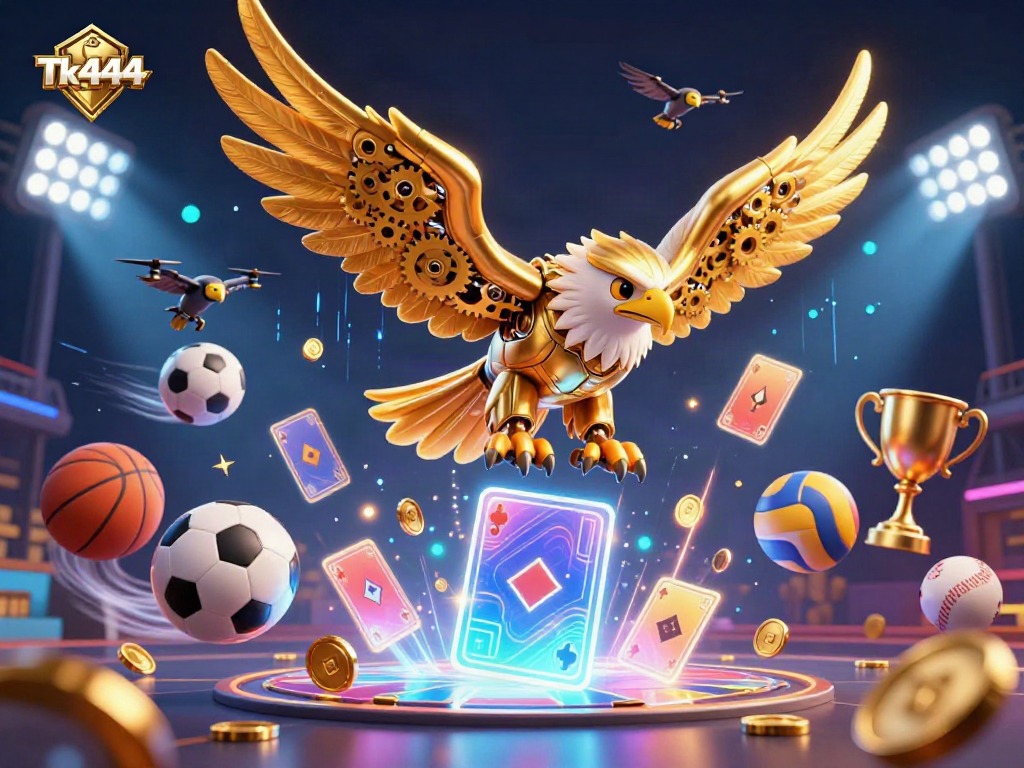 Experience the exhilarating action of TK444 with a dynamic illustration featuring a golden eagle amidst holographic playing cards.