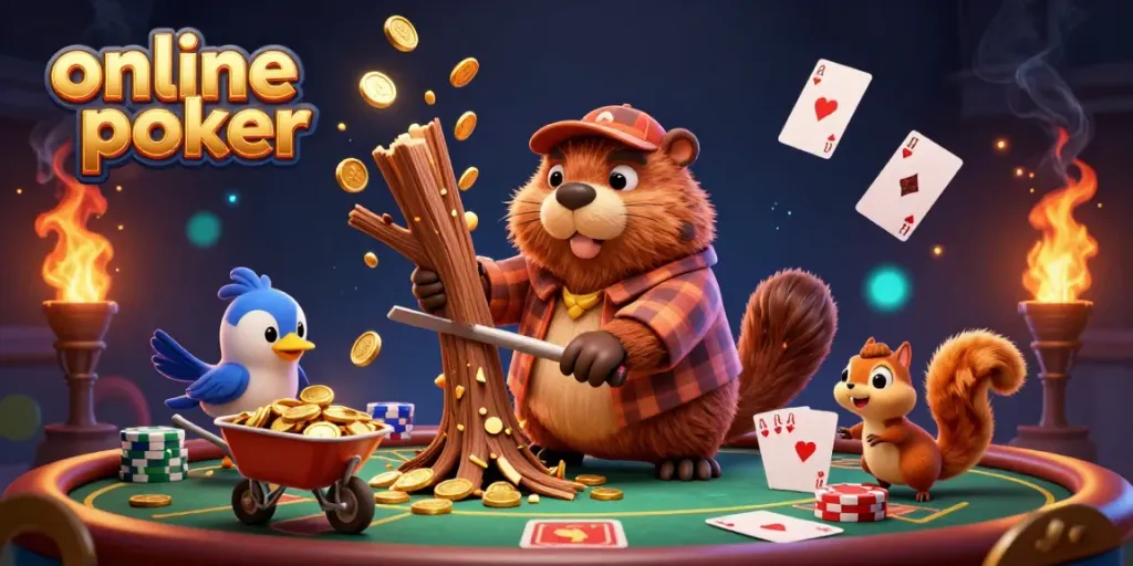 Engage in exciting online poker with a beaver character and dynamic poker elements.