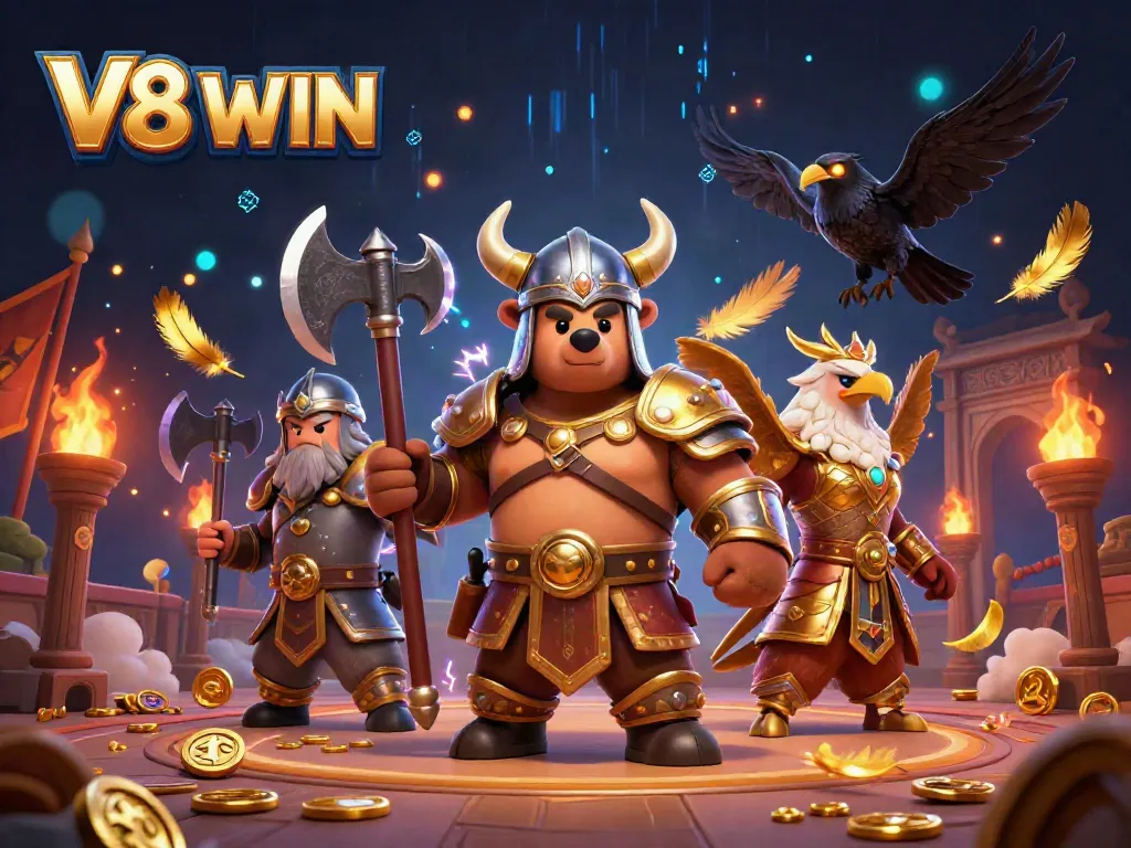Bet on V8 WIN with an epic Viking berserker, golden Valkyrie eagle, and glowing runes in a dramatic casino arena.