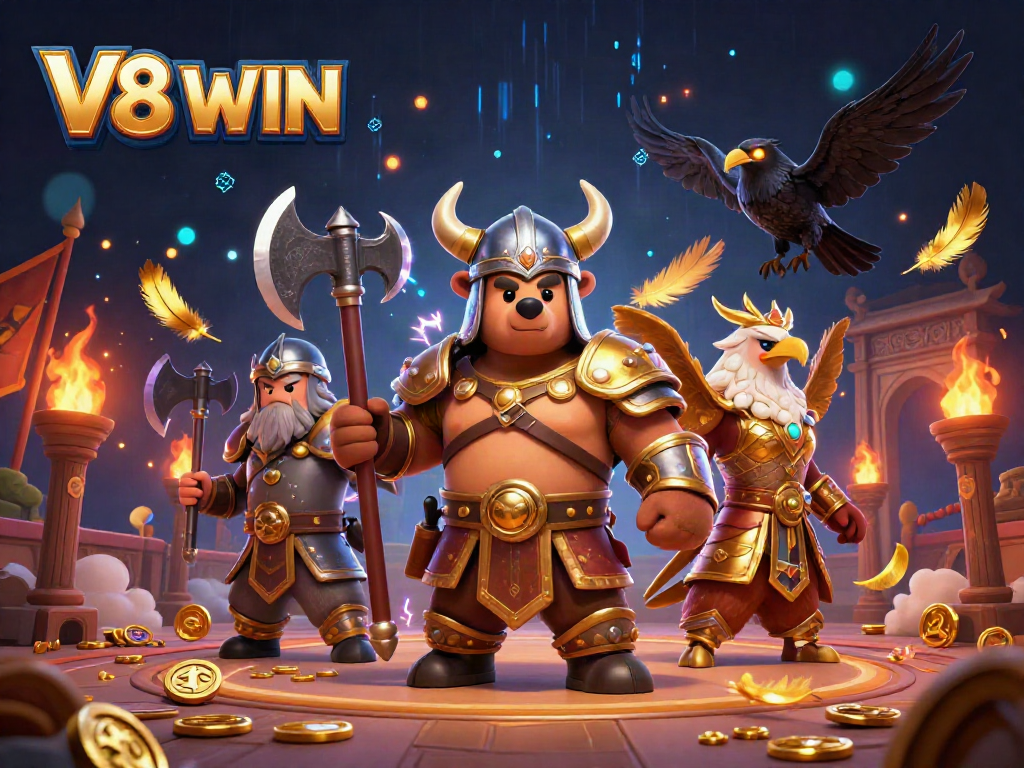 Bet on V8 WIN with an epic Viking berserker, golden Valkyrie eagle, and glowing runes in a dramatic casino arena.
