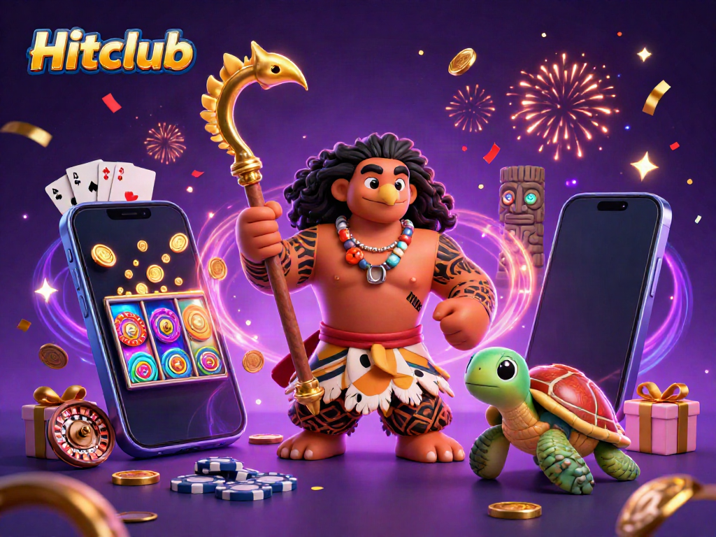 Experience thrilling slot action at Hitclub with a lively 3D illustration featuring a Maui-style demigod and vibrant casino elements.