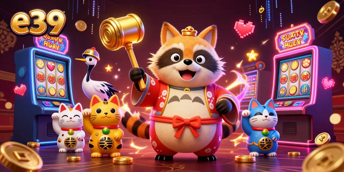 Spin the reels with e39's cheerful tanuki and lucky charms in a vibrant gambling scene.