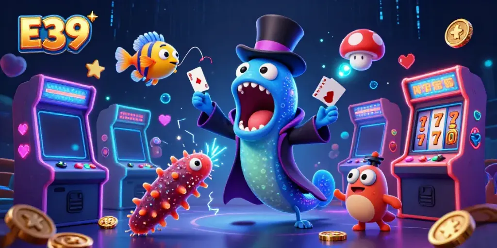 E39 themed magical casino scene with a bioluminescent eel performing card tricks amidst vibrant gaming elements.
