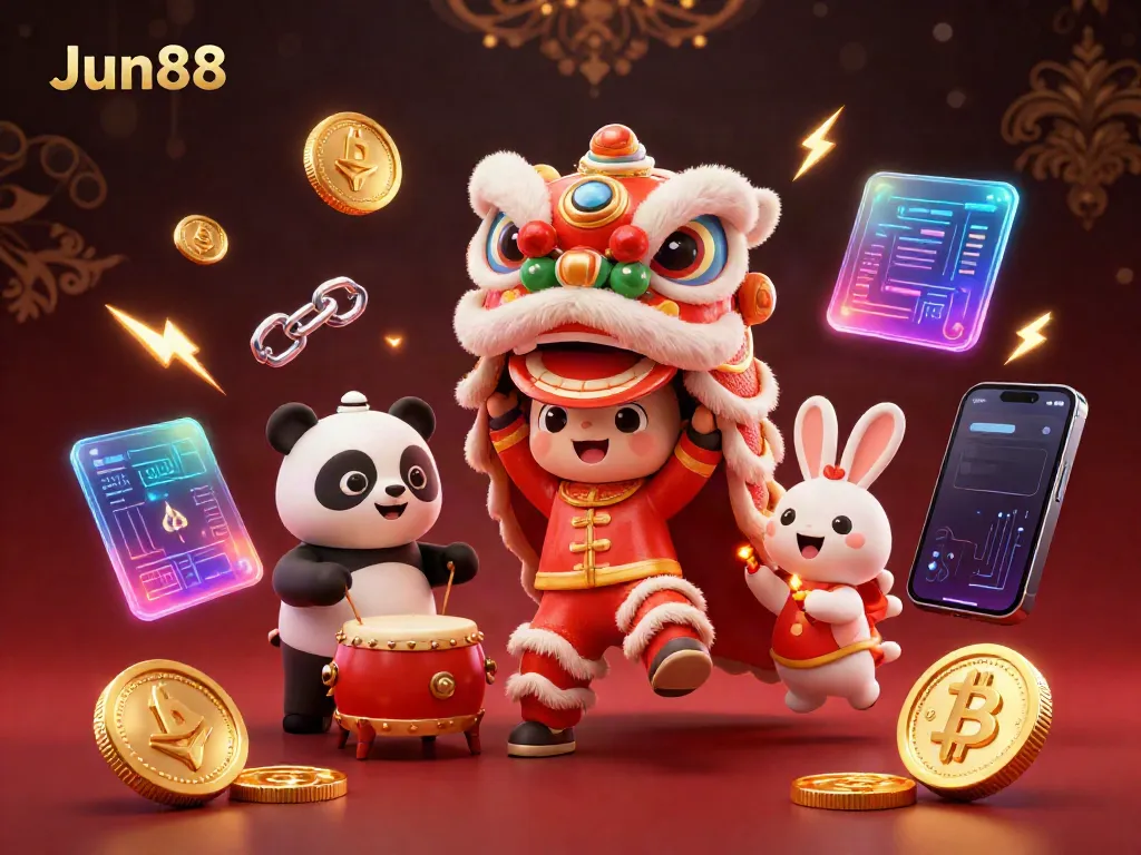 Engage in gambling excitement with Jun88 featuring a colorful lion dance scene, illuminated crypto coins, and festive decorations.