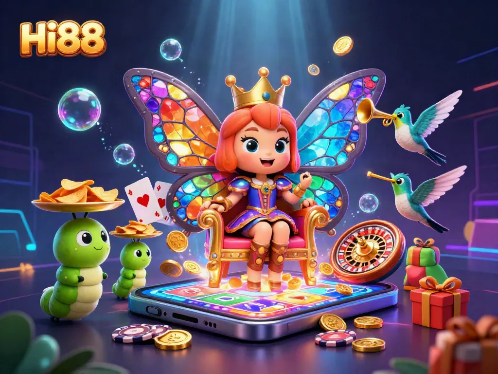 Engage in exciting gameplay at Hi88, featuring a vibrant casino theme with a butterfly queen and dynamic slots.