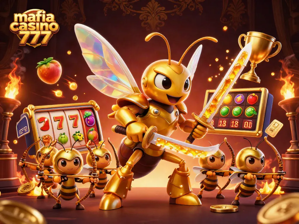 Experience the thrill of mafia casino 777 with our dynamic 3D illustration showcasing vibrant slot elements and characters.