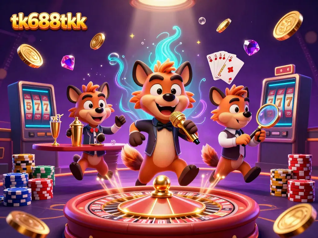 Experience vibrant gaming with tk688tkk's entertaining hyenas in a bustling casino scene.